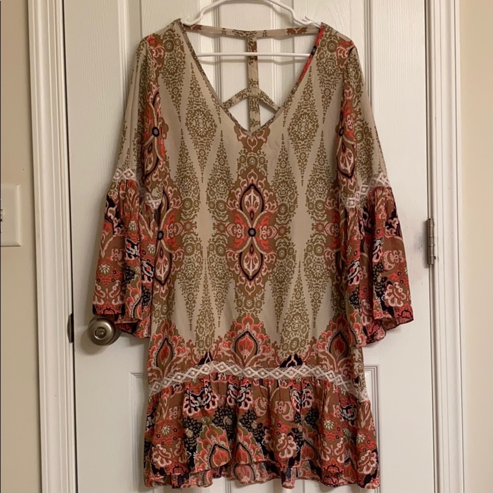 Umgee Beige Red Boho Print Dress Lace Trim Bell Sleeves Cotton-blend Size Small